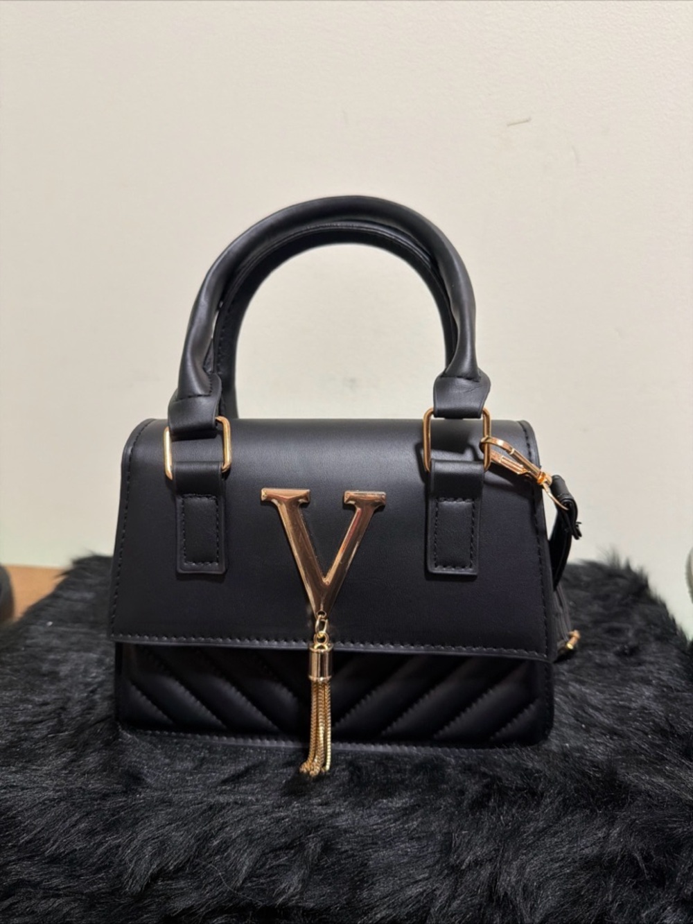 Black Women’s Top-Handle Satchel with Gold V Accent